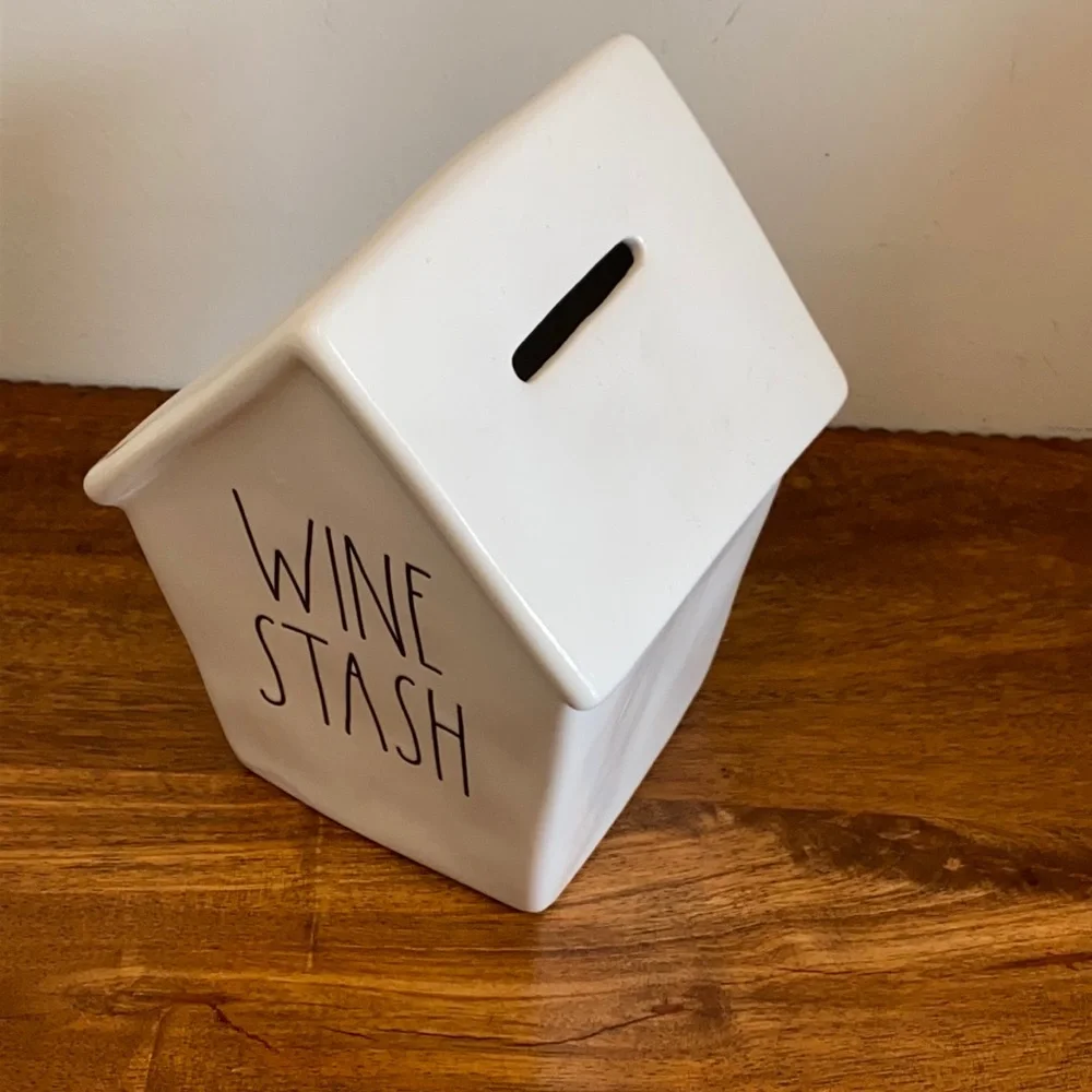 NWOT Rae Dunn Wine Stash Ceramic Cork Bank Magenta Black Lettering
